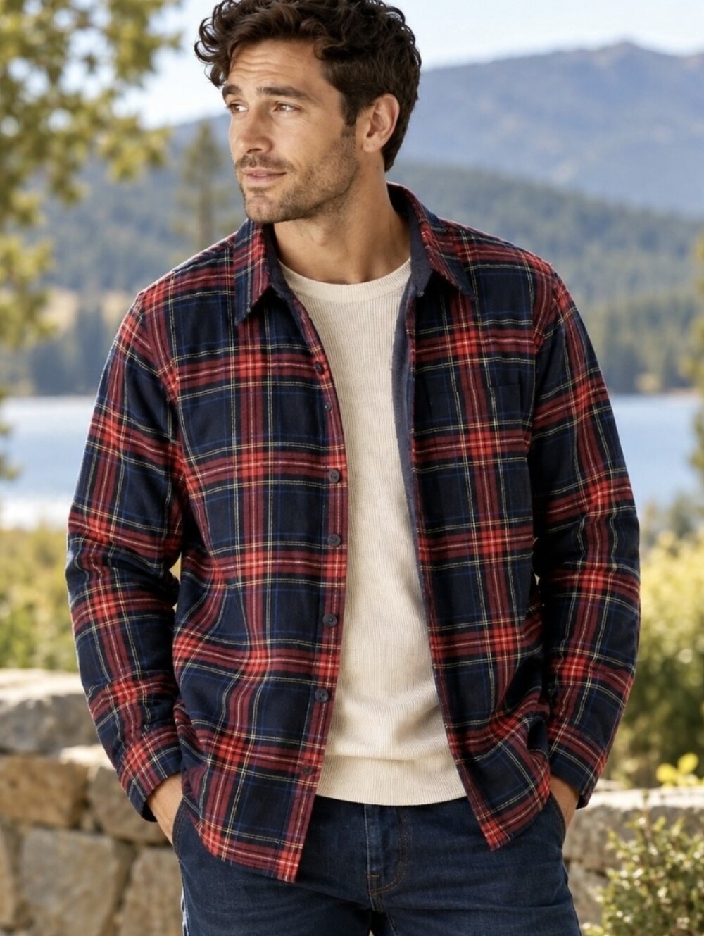 LL Bean Fleece Lined Flannel Shirt Jacket Shacket Plaid Cotton Navy/Red Men Sz M